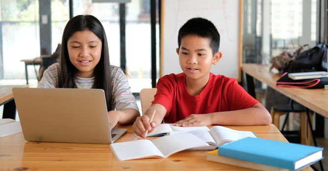 asian boy girl student studying learning lesson online. remote meeting distance education at home