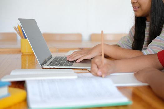 asian boy girl student studying learning lesson online. remote meeting distance education at home