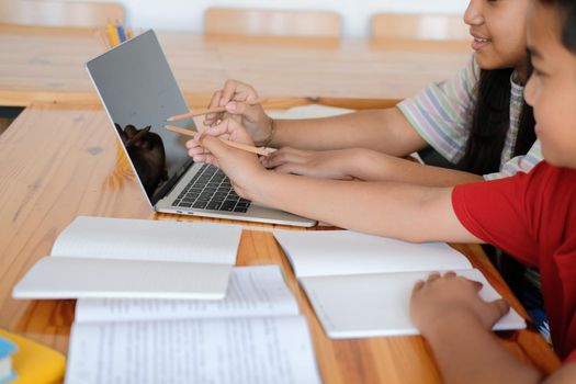 asian boy girl student studying learning lesson online. remote meeting distance education at home