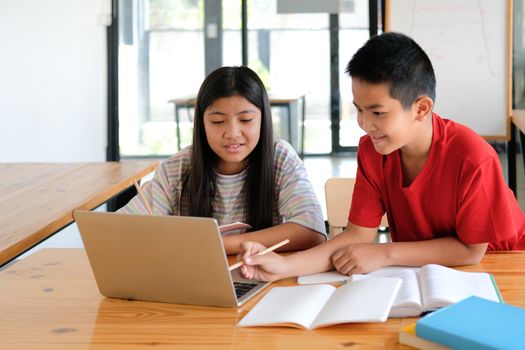 asian boy girl student studying learning lesson online. remote meeting distance education at home