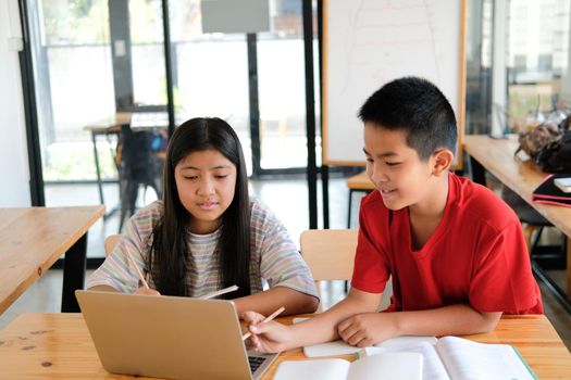 asian boy girl student studying learning lesson online. remote meeting distance education at home
