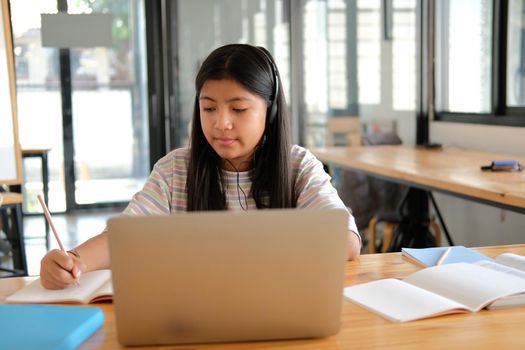 asian girl student studying learning lesson online. remote meeting distance education at home
