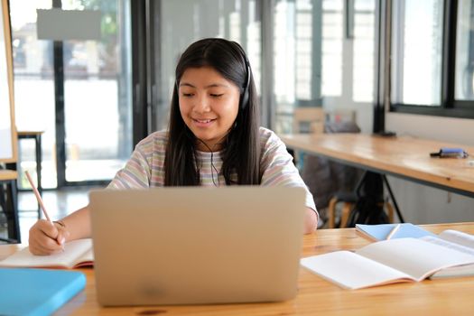 asian girl student studying learning lesson online. remote meeting distance education at home