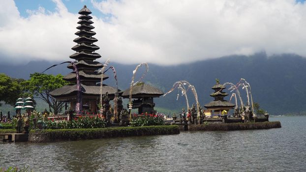 Hindu Temple Pura Ulun Danu Bratan, on Bratan lake. Balinese, old hindu architecture, Bali Architecture, Ancient design. Travel concept.