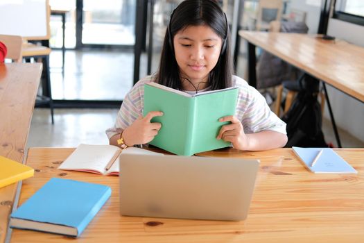 asian girl student studying learning lesson online. remote meeting distance education at home