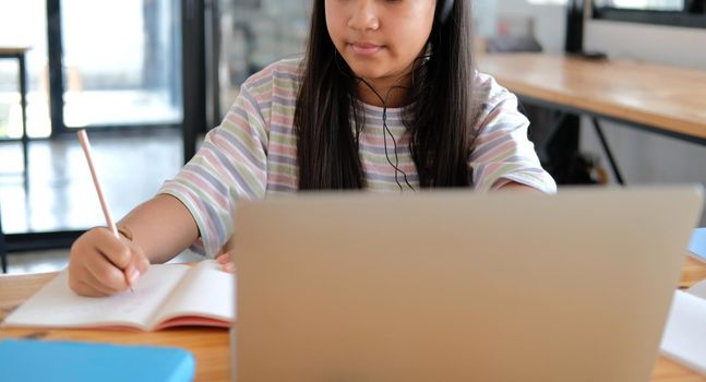 asian girl student studying learning lesson online. remote meeting distance education at home