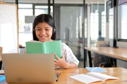 asian girl student studying learning lesson online. remote meeting distance education at home