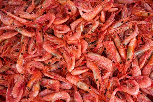 Natural background with lots of red cooked prawns. Seafood and delicacies.