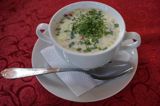 national Russian food cold soup okroshka in a white dish on a red tablecloth