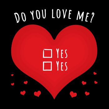 Love hearts with the text "do you love me?" and two tick boxes with Yes or Yes" next to them