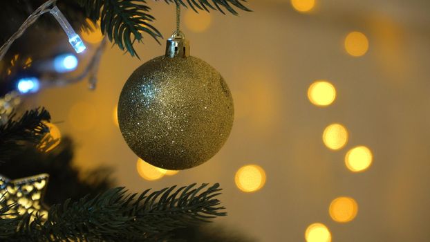 Decorated christmas tree with colorful balls. Christmas and New Year decorated interior room with New year tree.