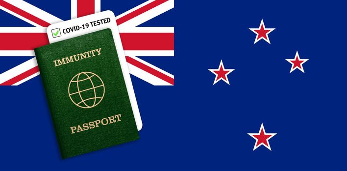 Concept of immunity to coronavirus. Immunity passport and test result for COVID-19 on flag of New Zeland. Vaccination passport against covid-19 that allows you travel around the world.