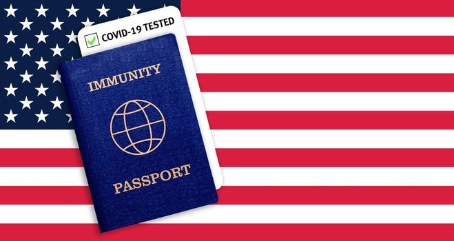 Concept of Immunity passport, certificate for traveling for people who had coronavirus or made vaccine and test result for COVID-19 on flag of USA