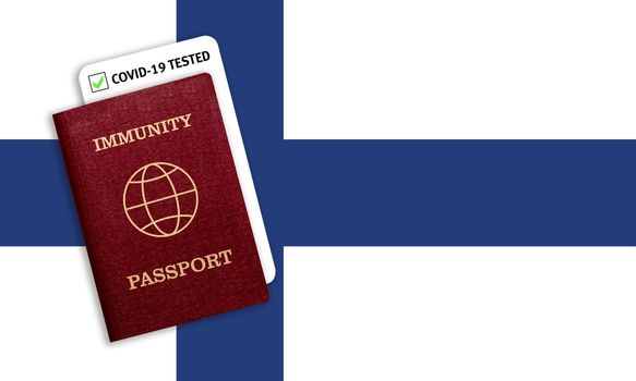 Concept of Immunity passport, certificate for traveling for people who had coronavirus or made vaccine and test result for COVID-19 on flag of Finland