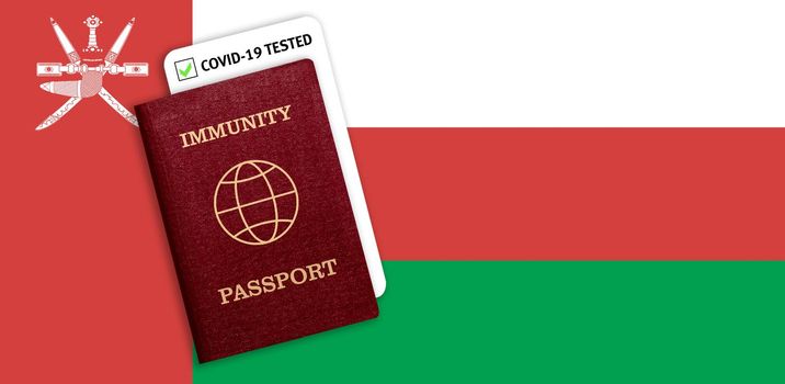 Concept of Immunity passport, certificate for traveling for people who had coronavirus or made vaccine and test result for COVID-19 on flag of Oman