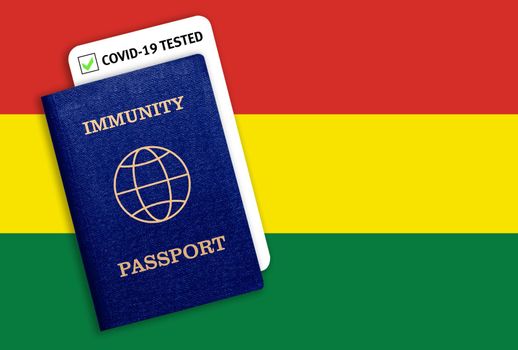 Concept of Immunity passport, certificate for traveling for people who had coronavirus or made vaccine and test result for COVID-19 on flag of Bolivia