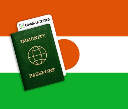 Concept of Immunity passport, certificate for traveling for people who had coronavirus or made vaccine and test result for COVID-19 on flag of Nigeria