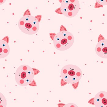 Vector flat animals colorful illustration for kids. Seamless pattern with cute pig face on pink polka dots background. Adorable cartoon character. Design for textures, card, poster, fabric, textile.