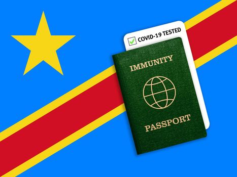 Concept of Immunity passport, certificate for traveling for people who had coronavirus or made vaccine and test result for COVID-19 on flag of Congo
