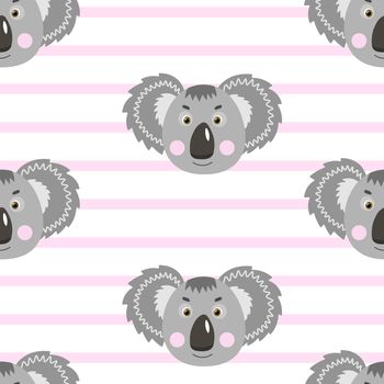 Vector flat animals colorful illustration for kids. Seamless pattern with cute koala face on white striped background. Adorable cartoon character. Design for card, poster, fabric, textile.