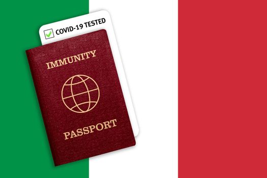 Concept of Immunity passport, certificate for traveling for people who had coronavirus or made vaccine and test result for COVID-19 on flag of Italy