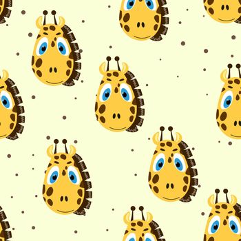 Vector flat animals colorful illustration for kids. Seamless pattern with cute giraffe face on yellow polka dots background. Adorable cartoon character. Design for card, poster, fabric, textile.
