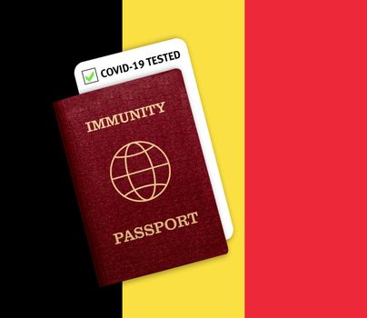 Concept of Immunity passport, certificate for traveling for people who had coronavirus or made vaccine and test result for COVID-19 on flag of Belgium
