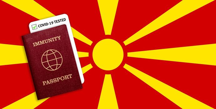 Concept of Immunity passport, certificate for traveling after pandemic for people who have had coronavirus or made vaccine and test result for COVID-19 on flag of Macedonia