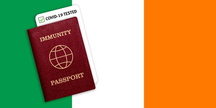 Concept of Immunity passport, certificate for traveling after pandemic for people who have had coronavirus or made vaccine and test result for COVID-19 on flag of Ireland