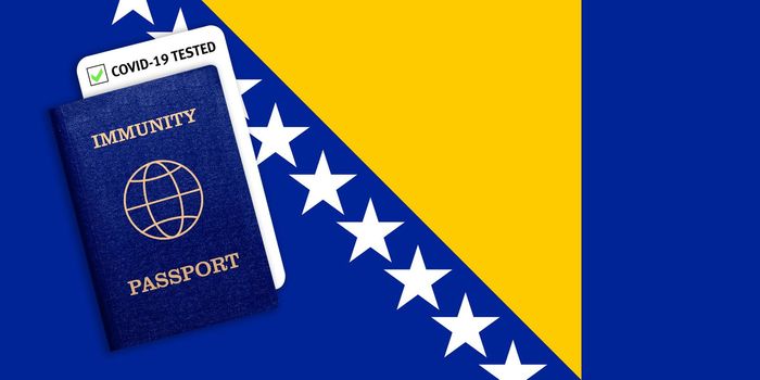 Concept of Immunity passport, certificate for traveling after pandemic for people who have had coronavirus or made vaccine and test result for COVID-19 on flag of Bosnia and Herzegovina