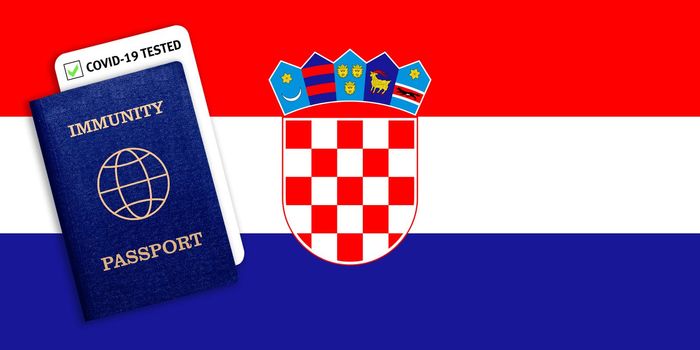 Concept of Immunity passport, certificate for traveling after pandemic for people who have had coronavirus or made vaccine and test result for COVID-19 on flag of Croatia