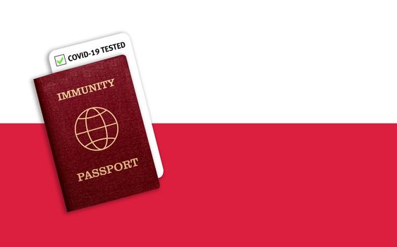 Concept of Immunity passport, certificate for traveling after pandemic for people who have had coronavirus or made vaccine and test result for COVID-19 on flag of Poland