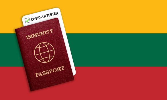 Concept of Immunity passport, certificate for traveling after pandemic for people who have had coronavirus or made vaccine and test result for COVID-19 on flag of Lithuania