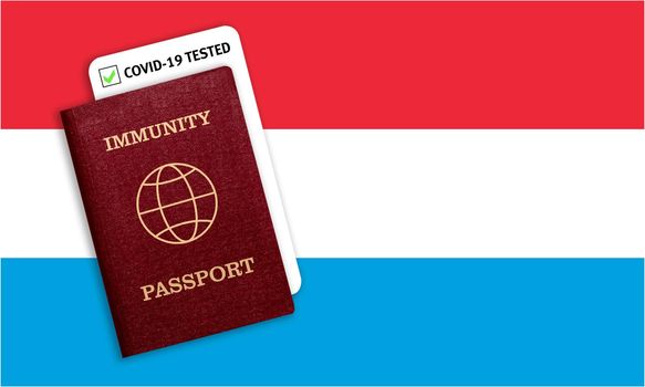 Concept of Immunity passport, certificate for traveling after pandemic for people who have had coronavirus or made vaccine and test result for COVID-19 on flag of Luxembourg