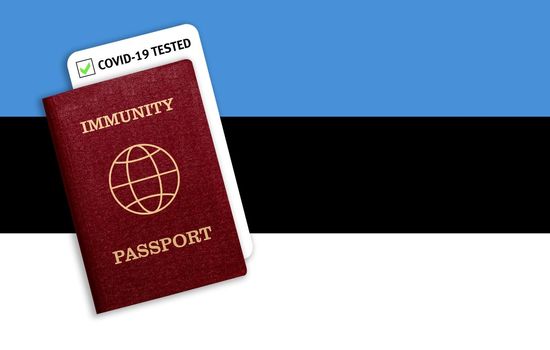 Concept of Immunity passport, certificate for traveling after pandemic for people who have had coronavirus or made vaccine and test result for COVID-19 on flag of Estonia