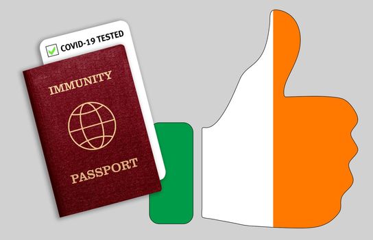 Concept of Immunity passport, certificate for traveling after pandemic for people who have had coronavirus or made vaccine and test result for COVID-19 on flag of Ireland