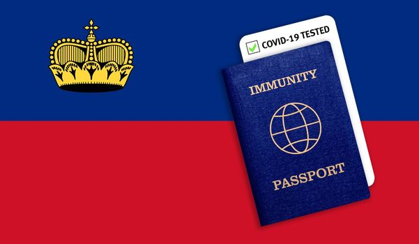 Concept of Immunity passport, certificate for traveling after pandemic for people who have had coronavirus or made vaccine and test result for COVID-19 on flag of .liechtenstein
