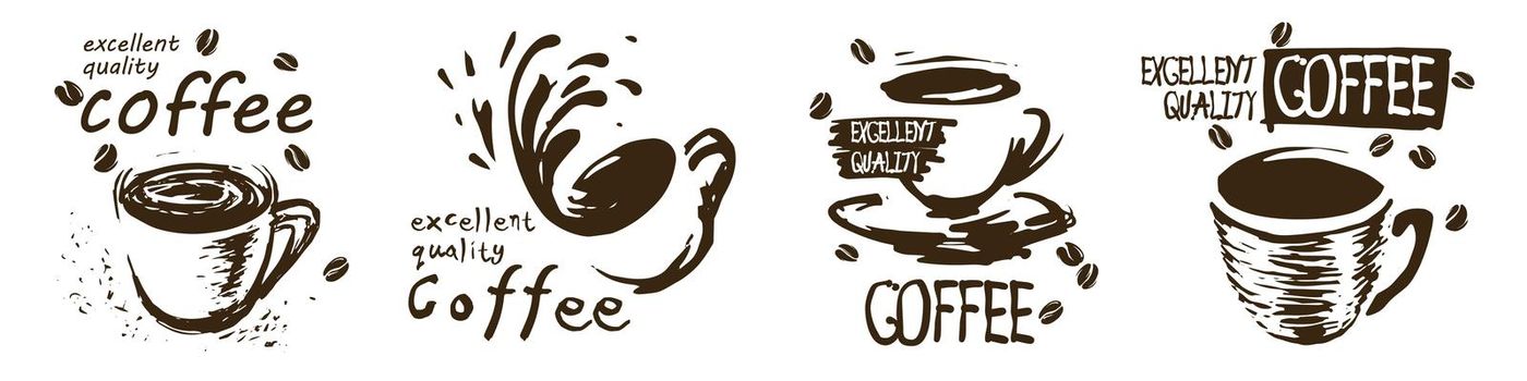 Vector set of drawn coffee cup logos on white background.