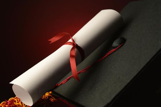 A closeup view of a diploma and mortarboard grad hat over a dark red and black background to commence the graduation of school.