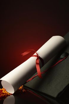 A closeup view of a diploma and mortarboard grad hat over a dark red and black background to commence the graduation of school.