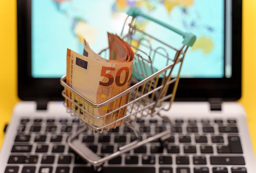 Shopping cart with euro banknotes. Online shopping concept.