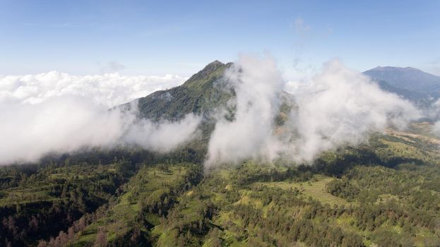 Tops of the mountains covered with forest in running clouds and fog at sunrise. Landscape slopes of the mountains with the forest in the morning fog and clouds.Slopes of the mountains are covered with rainforest.Mountain landscape, sky and clouds. Travel concept