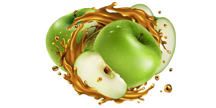 Fresh green apples and a splash of fruit juice on a white background. Realistic style illustration.