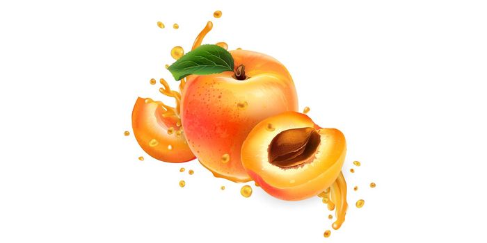 Fresh apricots in splashes of fruit juice on a white background. Realistic style illustration.