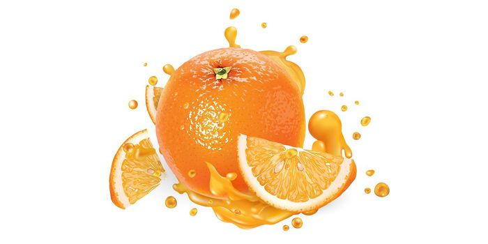 Orange whole and slices in fruit juice splashes on a white background. Realistic style illustration.