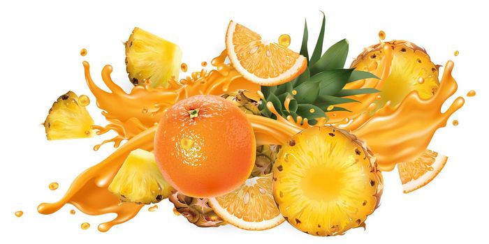 Whole and sliced pineapples and oranges and a splash of fruit juice on a white background. Realistic style illustration.