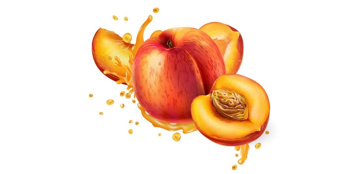 Fresh peaches in splashes of fruit juice on a white background. Realistic style illustration.