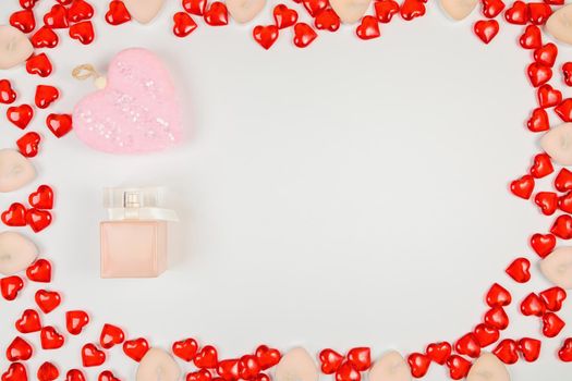 Valentine's Day, composition of hearts on a white background. View from above. Space for text, flat lay