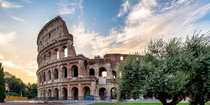 Detail of Colosseum in Rome (Roma), Italy. Also named Coliseum, this is the most famous Italian sightseeing. Spectacular blue sky in background.