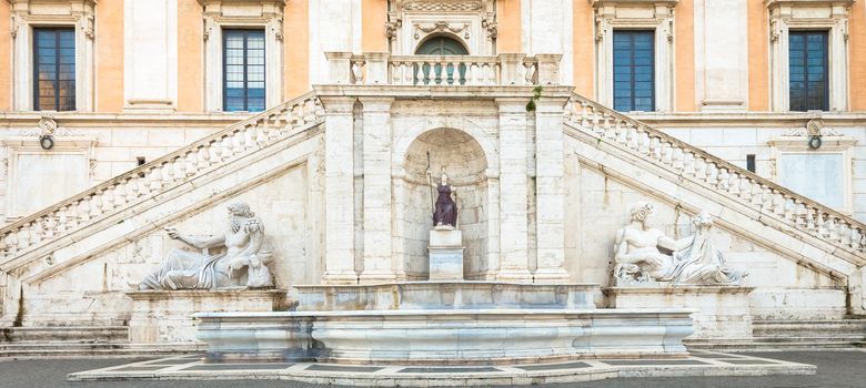 Rome, Italy. View of the staircase of the Palazzo Senatorio, a Renaissance masterpiece. Its double ramp of stairs were designed by Michelangelo as part of the Piazza del Campidoglio project.